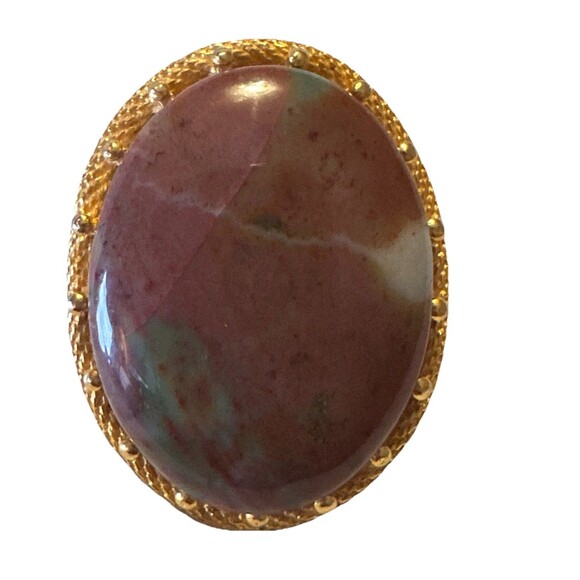 Cabochon Jewelry - Vintage Jasper Stone Brooch Gold Tone Large Oval Cabochon Statement Pin